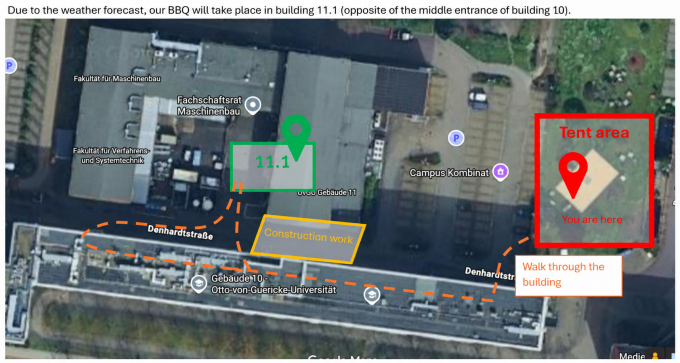 Map to the updated Science BBQ location: building 11.1, opposite the middle entrance of building 10.